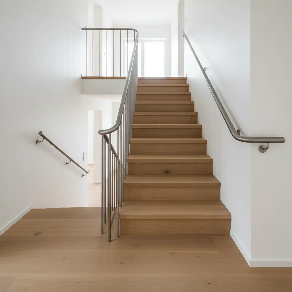 Generous-width staircase with a spacious landing and continuous, safe handrail.