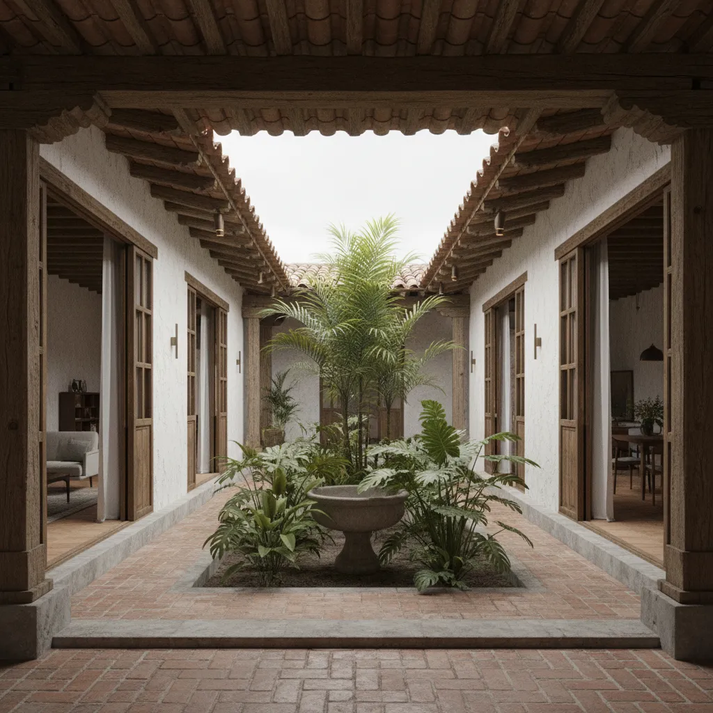 Renovated heritage house with central patio, shaded gallery, and soft daylight defining social and intimate zones