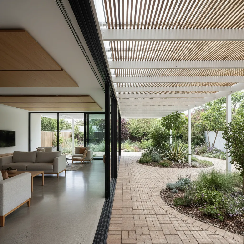Living room with grey sofa opening to outdoor patio with brick floor and wooden pergola