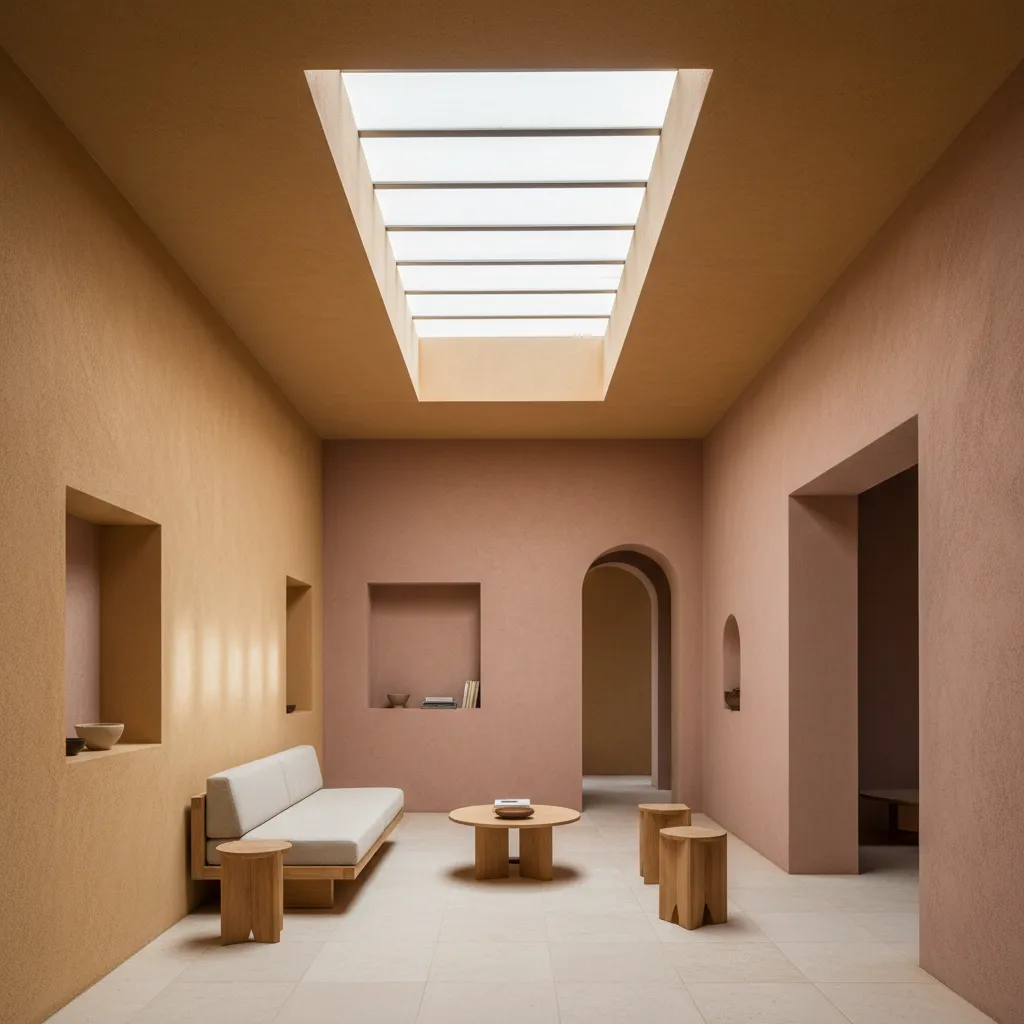 Quiet living space with warm mineral walls and a skylight creating raking light and deep shadows.