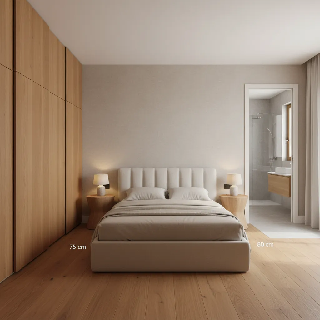 Bedroom and bathroom with balanced clearances and practical proportions