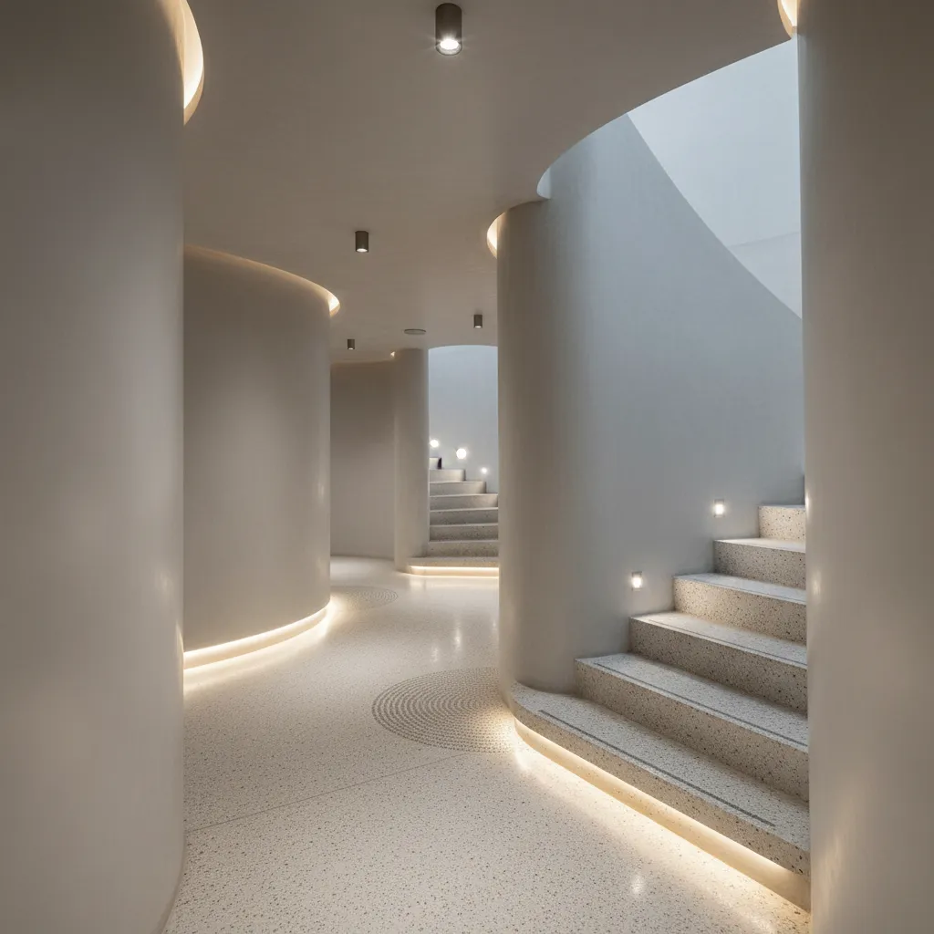 Modern hallway with curved walls stone stairs small ceiling lights floor lighting and neutral tones