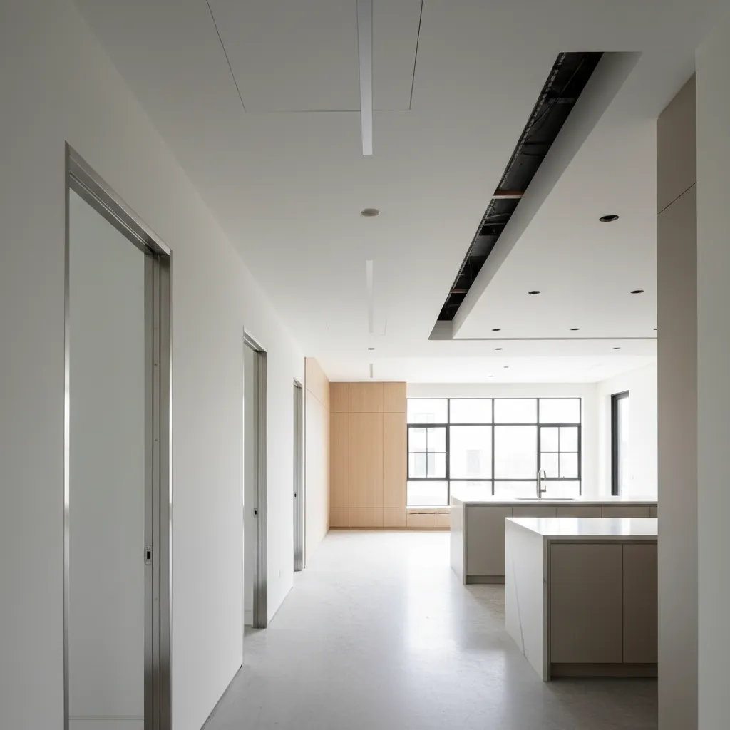 Modern white hallway leading into open kitchen with large windows and light wood wall panels