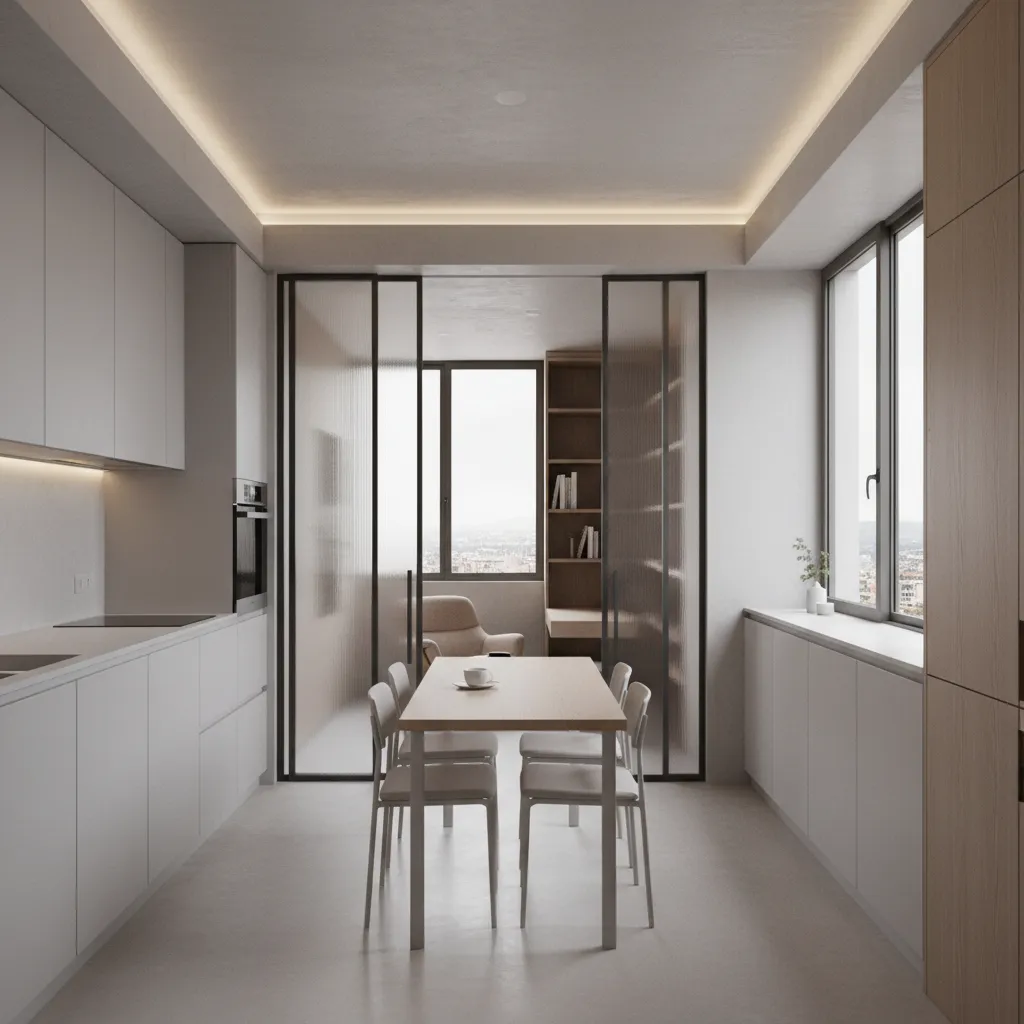 Compact apartment with integrated storage, sliding partitions, and layered zones optimized for light and circulation