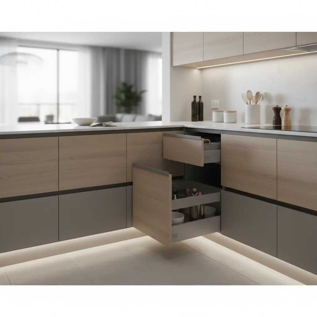 Contemporary kitchen corner between a peninsula and cabinet run, showing internal drawers accessing the corner volume.