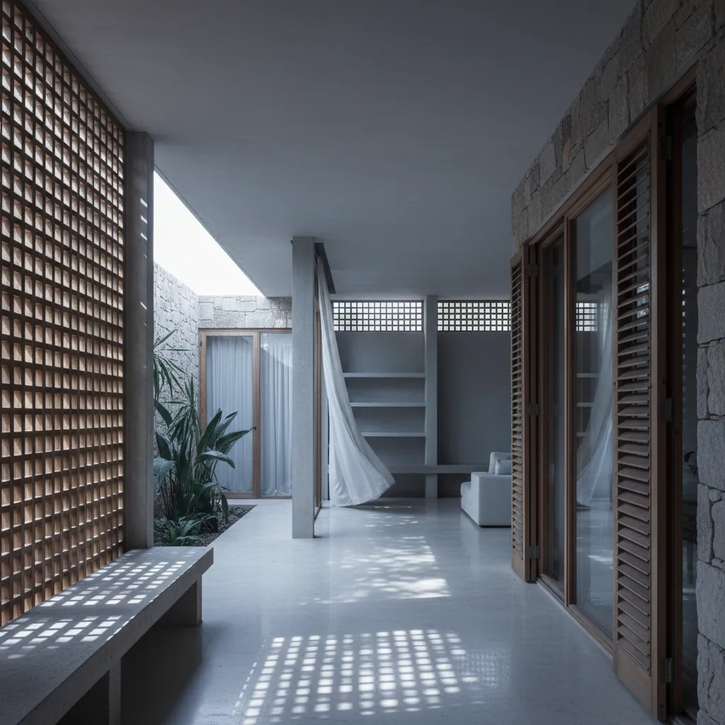 Outdoor covered hallway with stone walls wooden screen window long bench and white blowing thin curtain