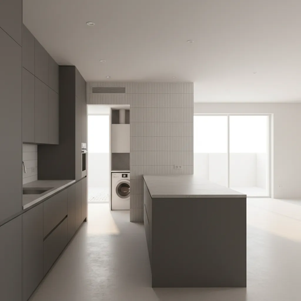 Central L-shaped kitchen with corridor island organizing flows and storage