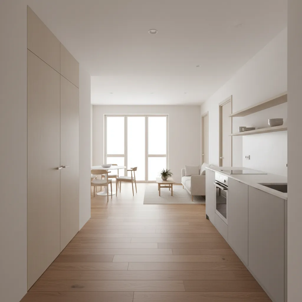 Minimalist apartment hallway featuring wood flooring leading to a bright living and kitchen area design