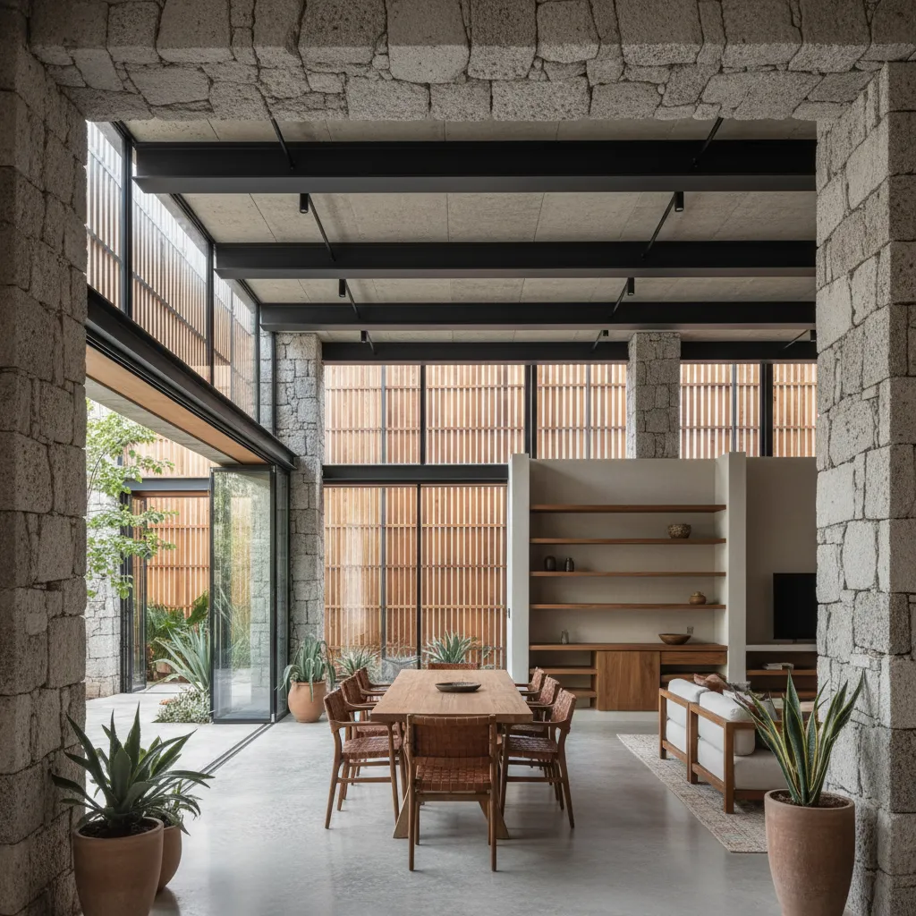 Open-plan interior with slender steel structure and ventilated timber cladding demonstrating modular dry systems.