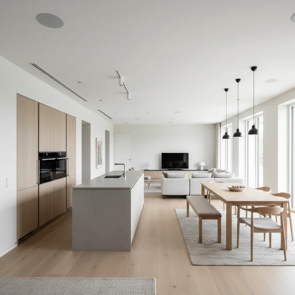 Open plan living-dining-kitchen with clear circulation and measured distances