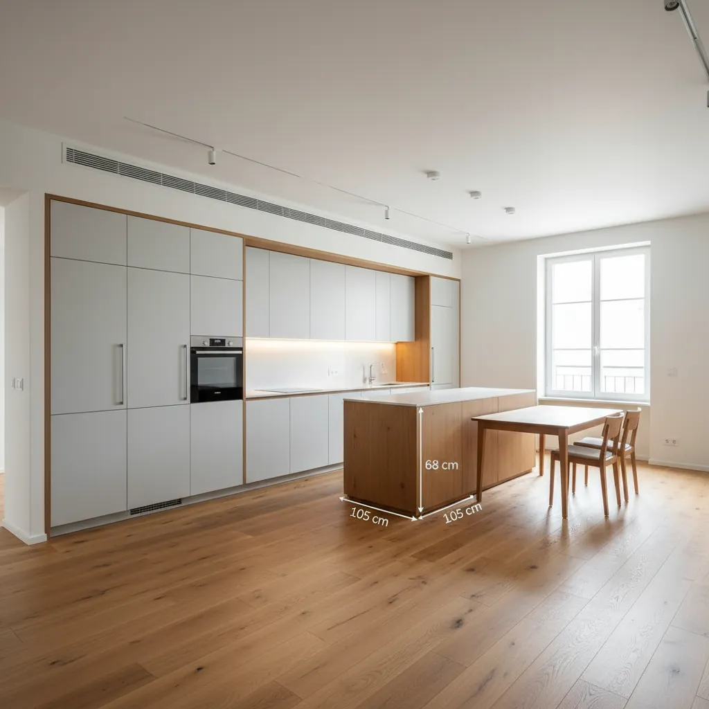 Integrated living-dining-kitchen with a single technical wall and clear circulation in an 80 m² layout