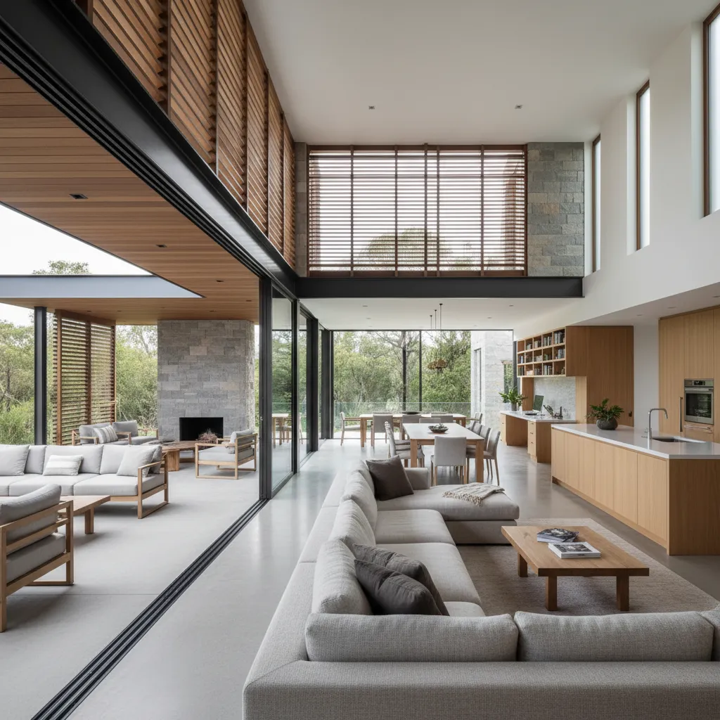 Large open living room with grey sofa wooden kitchen island glass doors and outdoor patio
