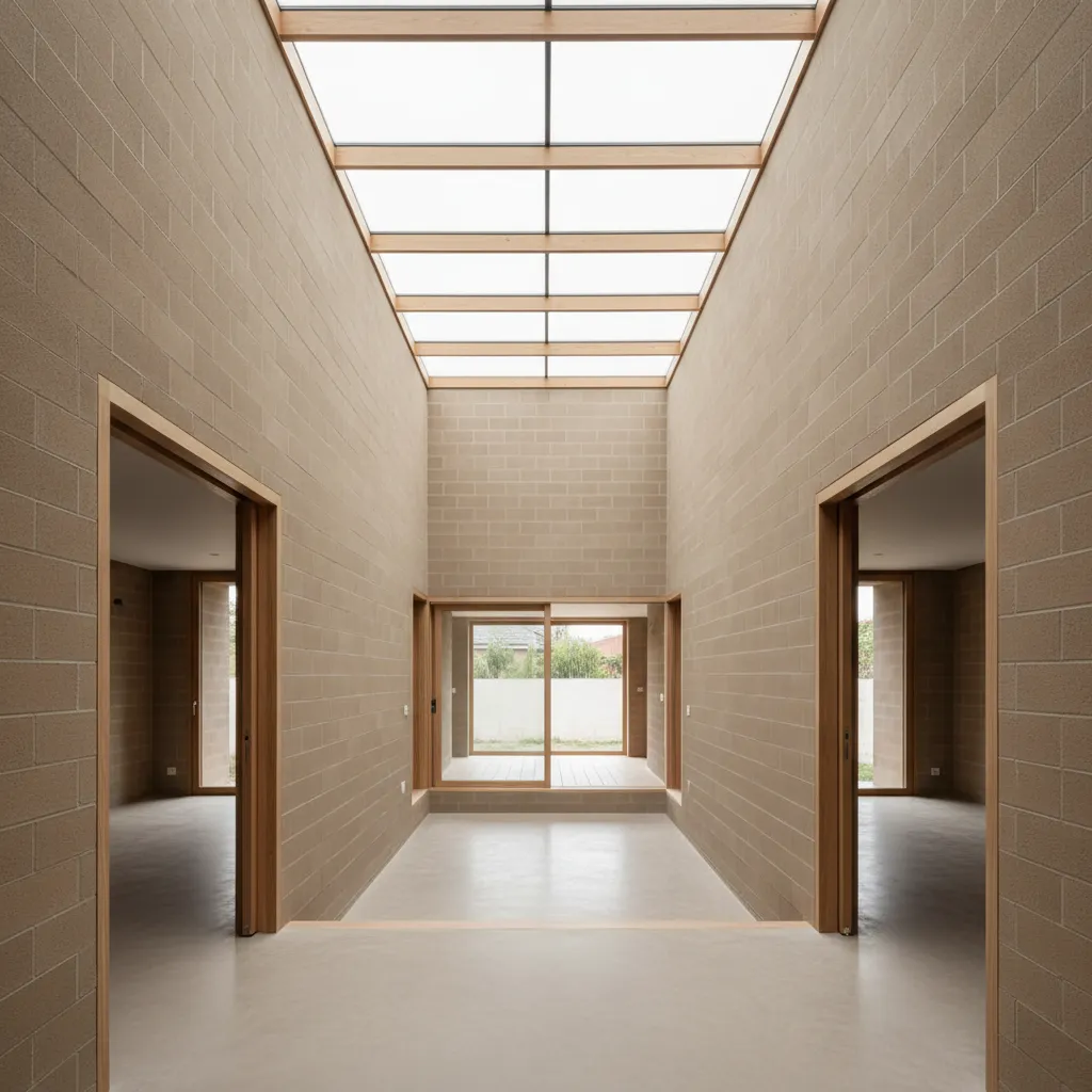 Interior view of pass-through layout with central courtyard and clear front-to-back organization