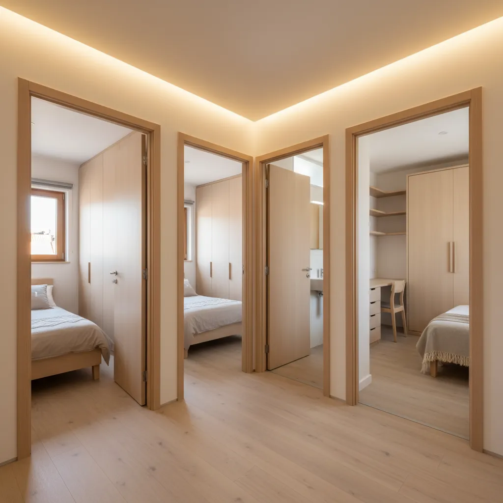 Upper floor with two equal bedrooms, a central bathroom, and a flexible room, all with balanced daylight and clear proportions.