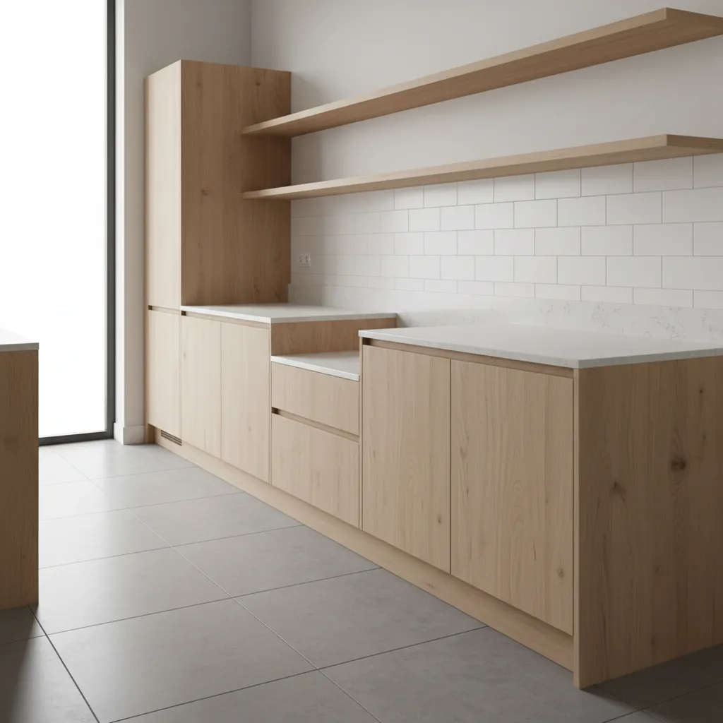 Ergonomic kitchen prep area with slightly differentiated cutting height and clear circulation