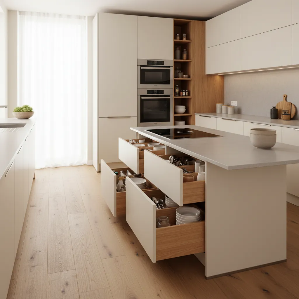 Modern kitchen island with open wooden drawers showing organized plates and bowls in bright room