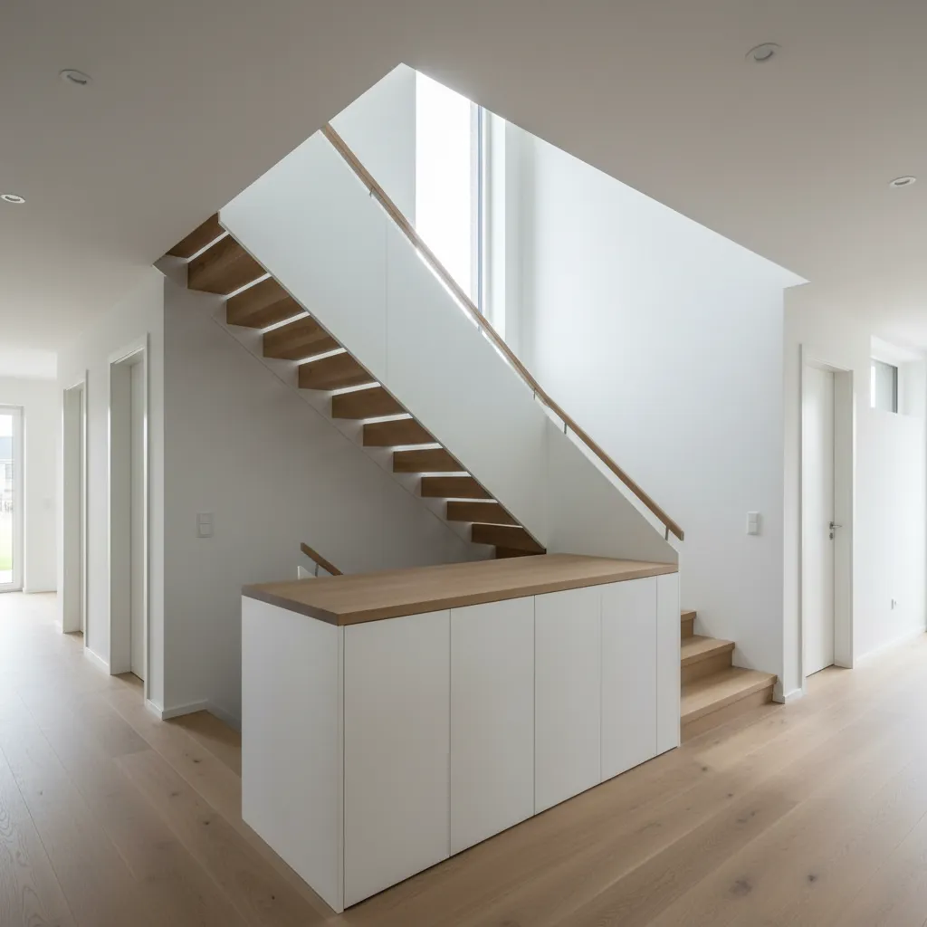 L-shaped staircase with generous landing and 1.0 m corridors under soft daylight, showing safe and fluent circulation