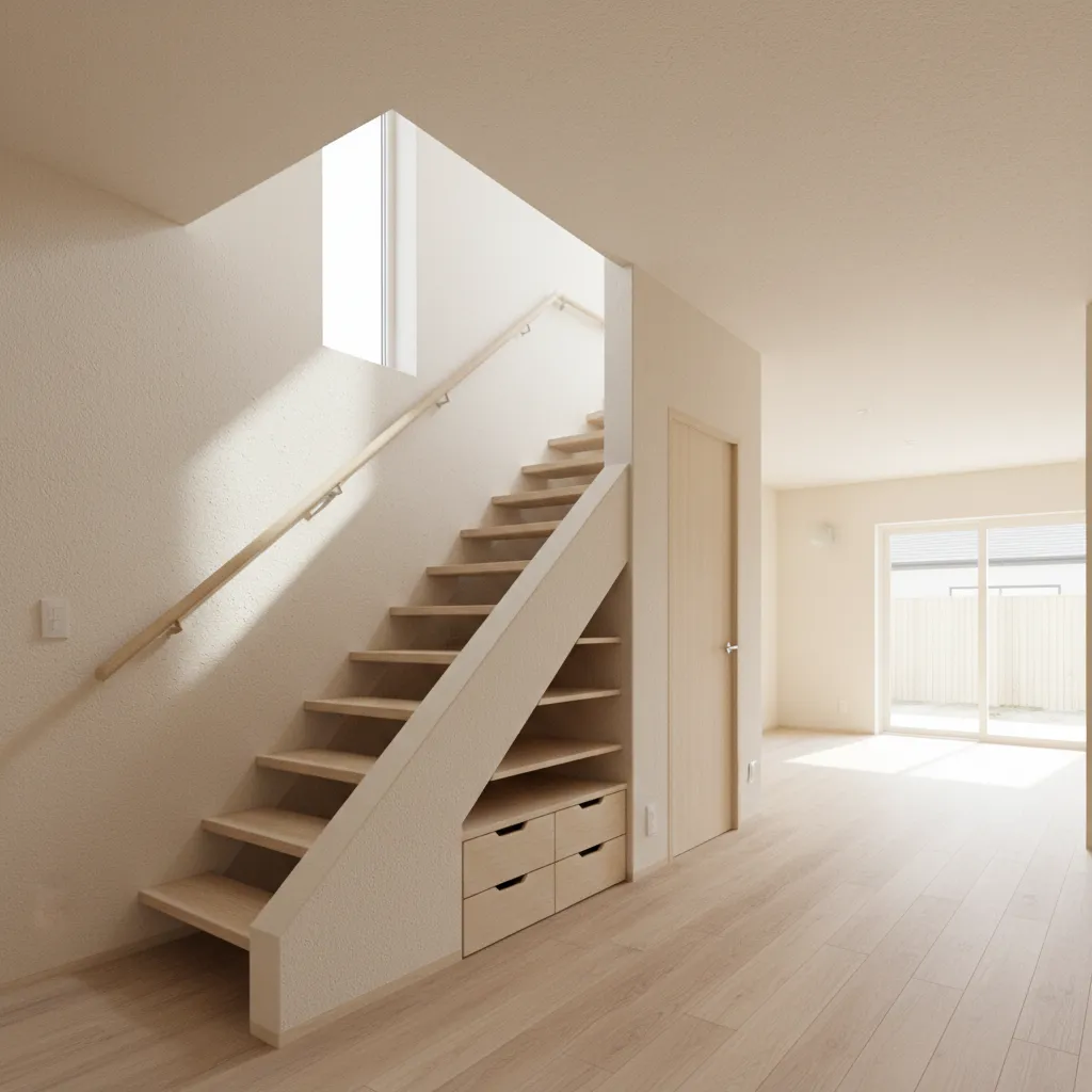 Compact straight stair against a structural wall within an open-plan living-dining, minimal corridors and daylight.