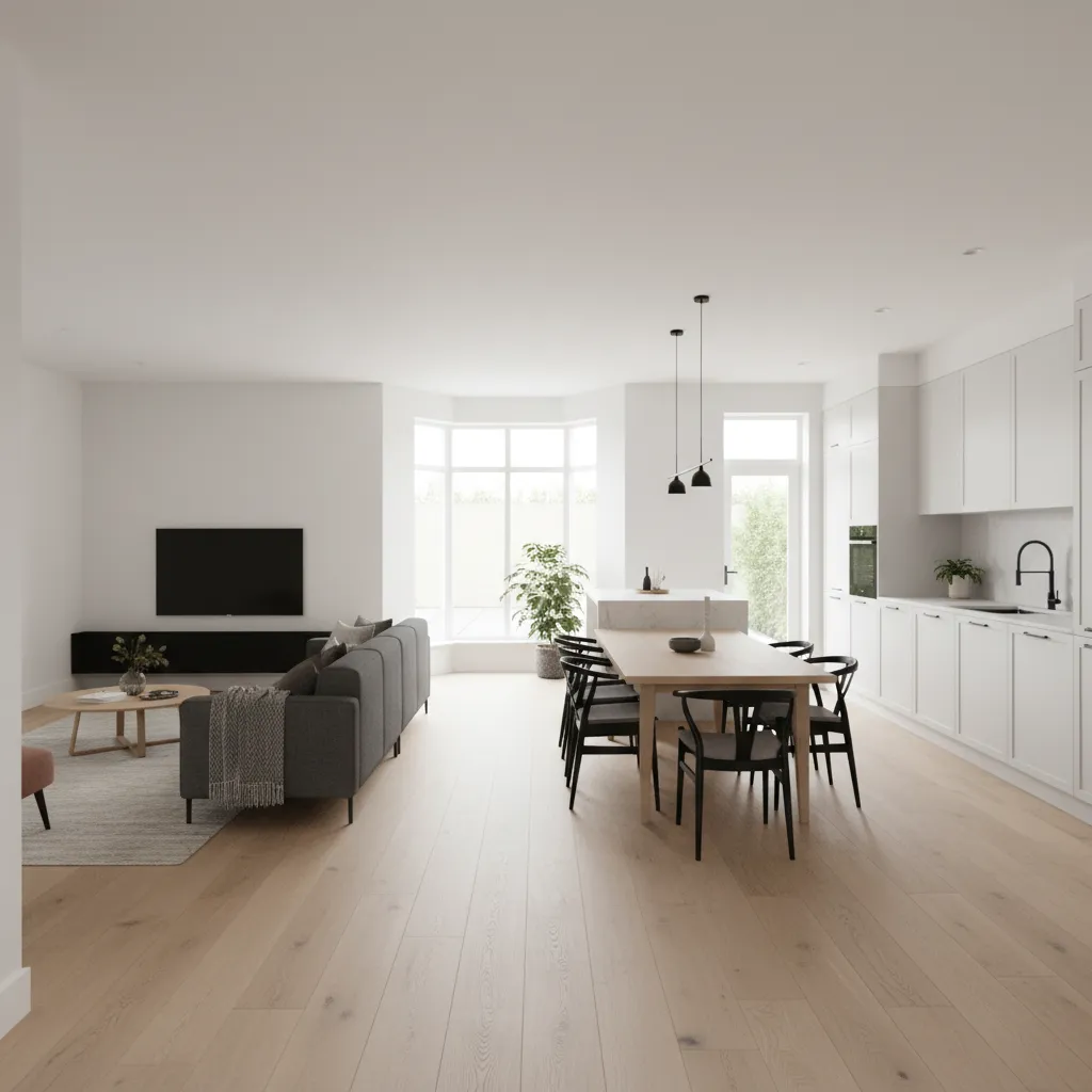 Open-plan living-dining interior with clear circulation, kitchen island, and large daylight window bay