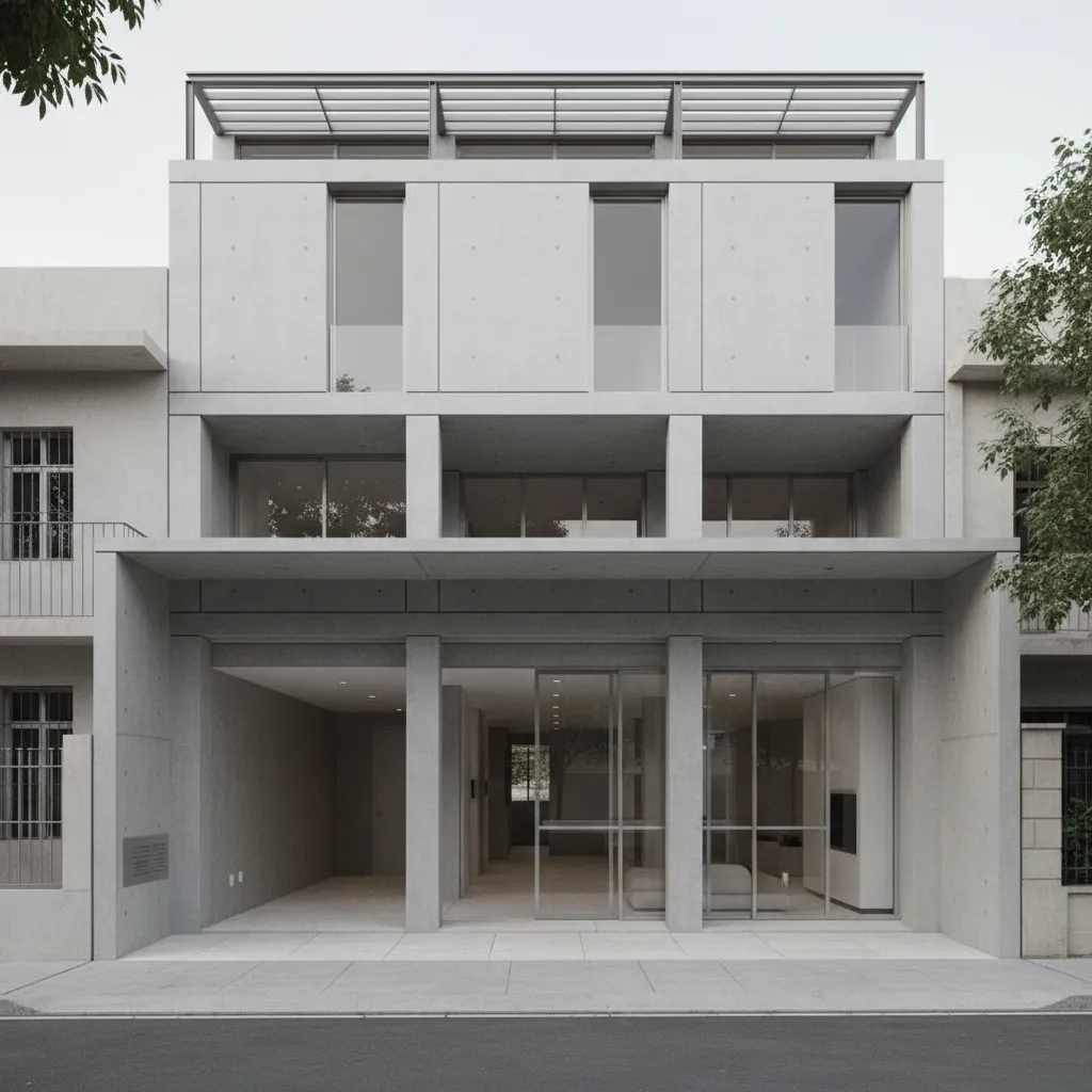 Sober facade with rhythmic openings, protective porch, and clear structural order