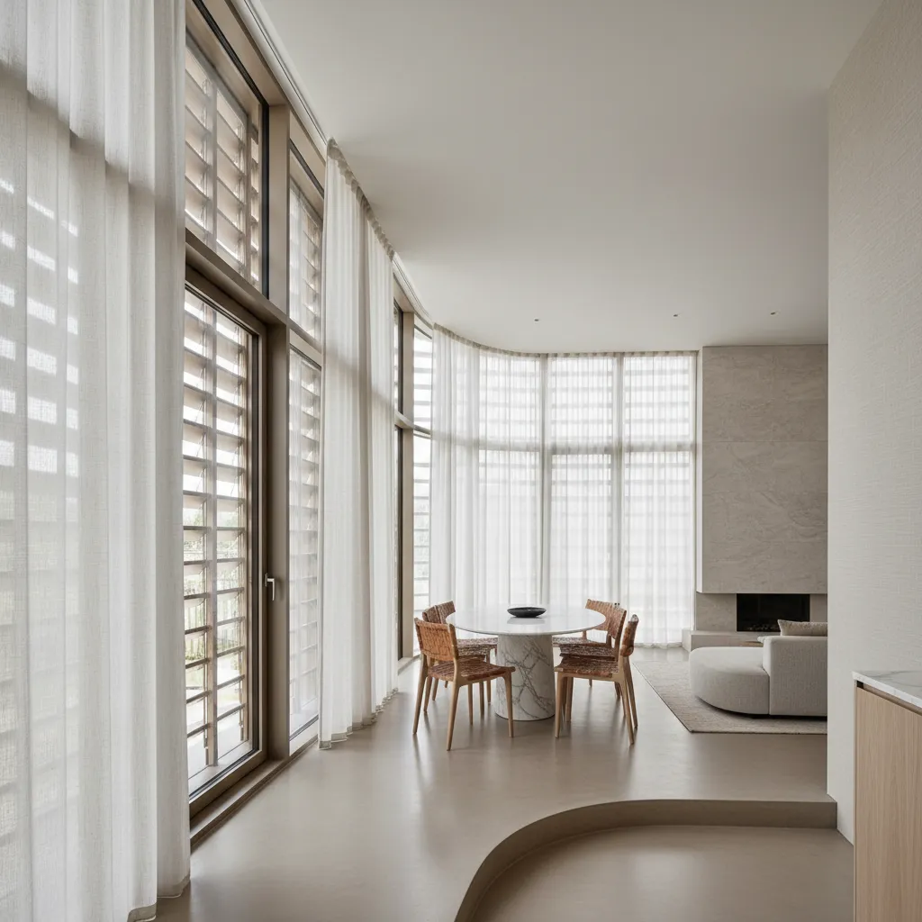 Large windows with white curtains surrounding marble dining table with four brown chairs and fireplace
