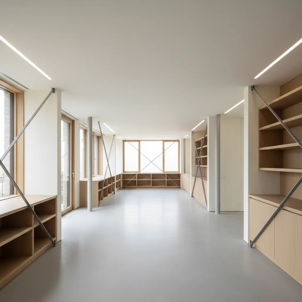 Minimalist empty room with wooden cabinets grey floor white walls ceiling lights and large windows