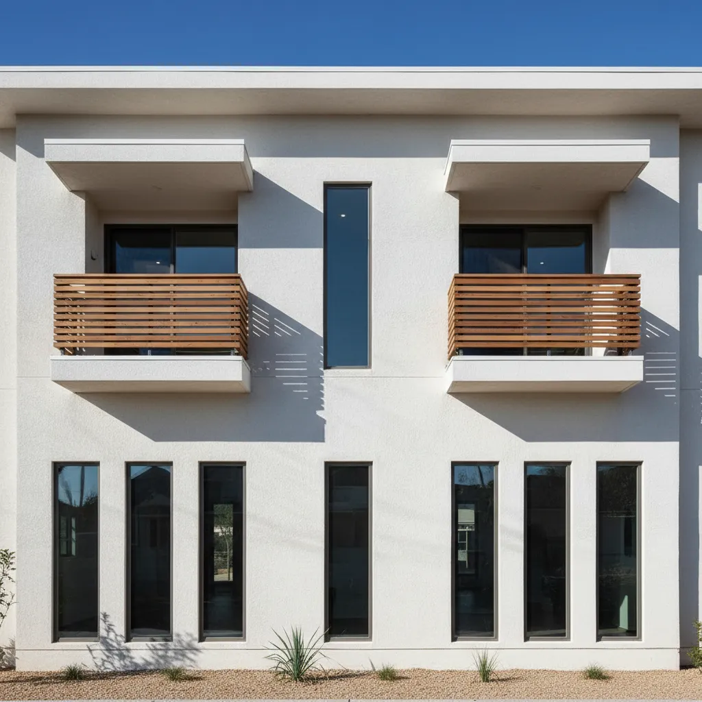 Two-story facade with short balcony, deep eave and vertical windows casting controlled shadows across light stucco surfaces