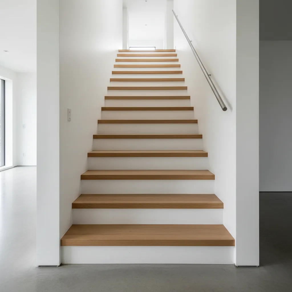 Straight residential staircase highlighting comfortable tread depth, riser height, and a gentle slope.