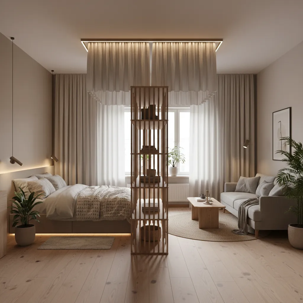 Studio interior with open shelving and a ceiling rail curtain dividing bedroom and living while maintaining light