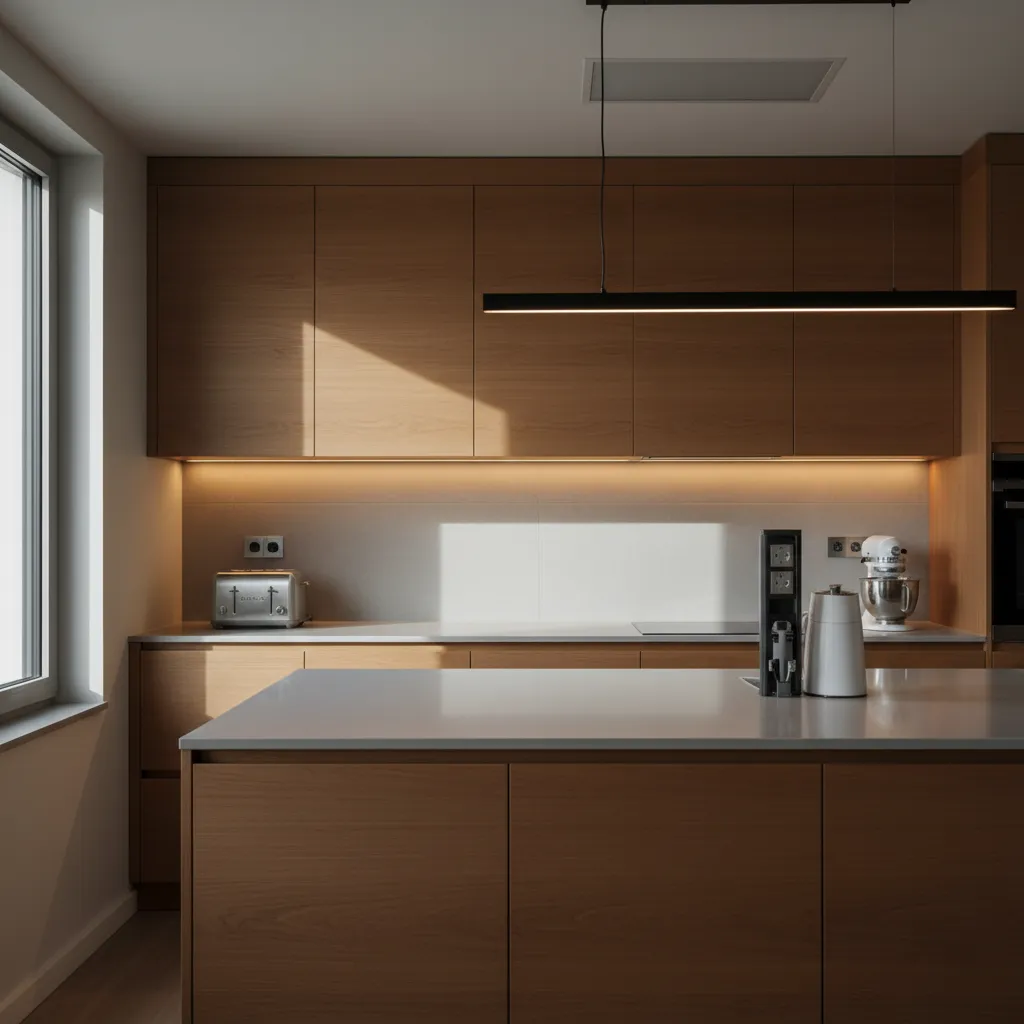 Modern kitchen with layered lighting and well-placed outlets illuminating the work surface without shadows.