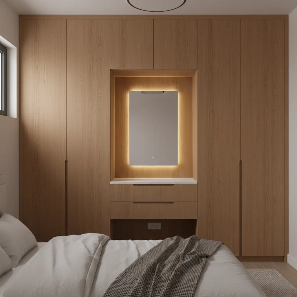 Wardrobe-integrated vanity niche with slim countertop, shallow drawers, hinged mirror, and concealed LED lighting
