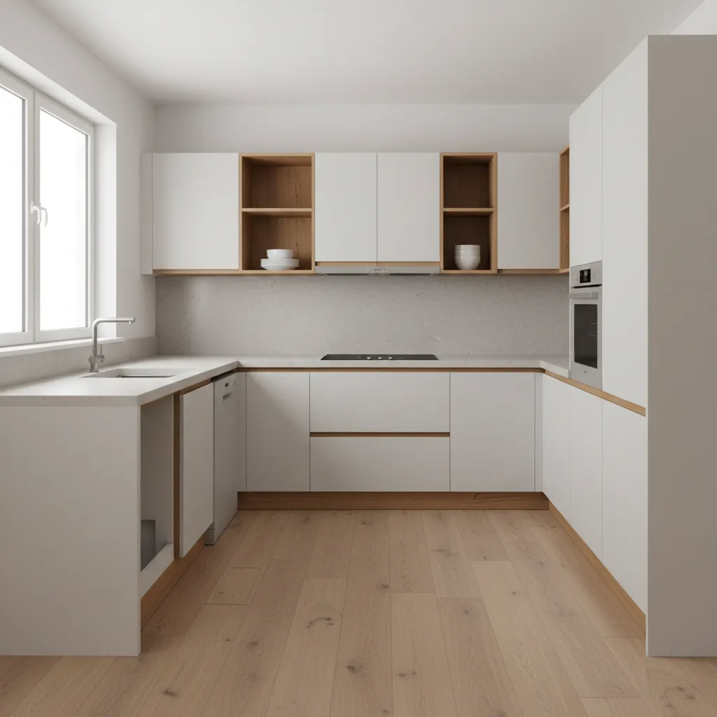 Kitchen with modular units and measured technical clearances