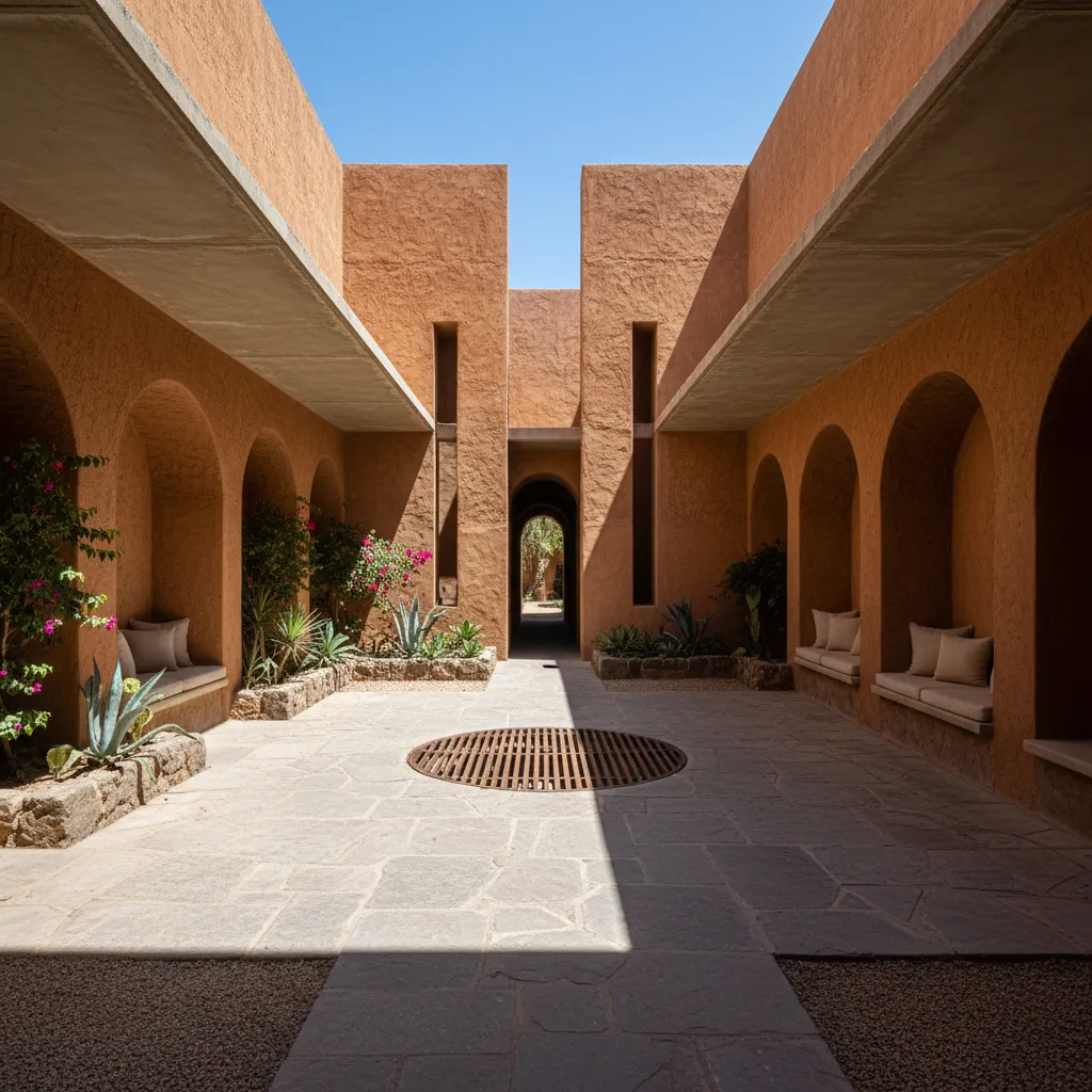 Shaded central patio bounded by thick walls and opposing openings enabling cross ventilation.