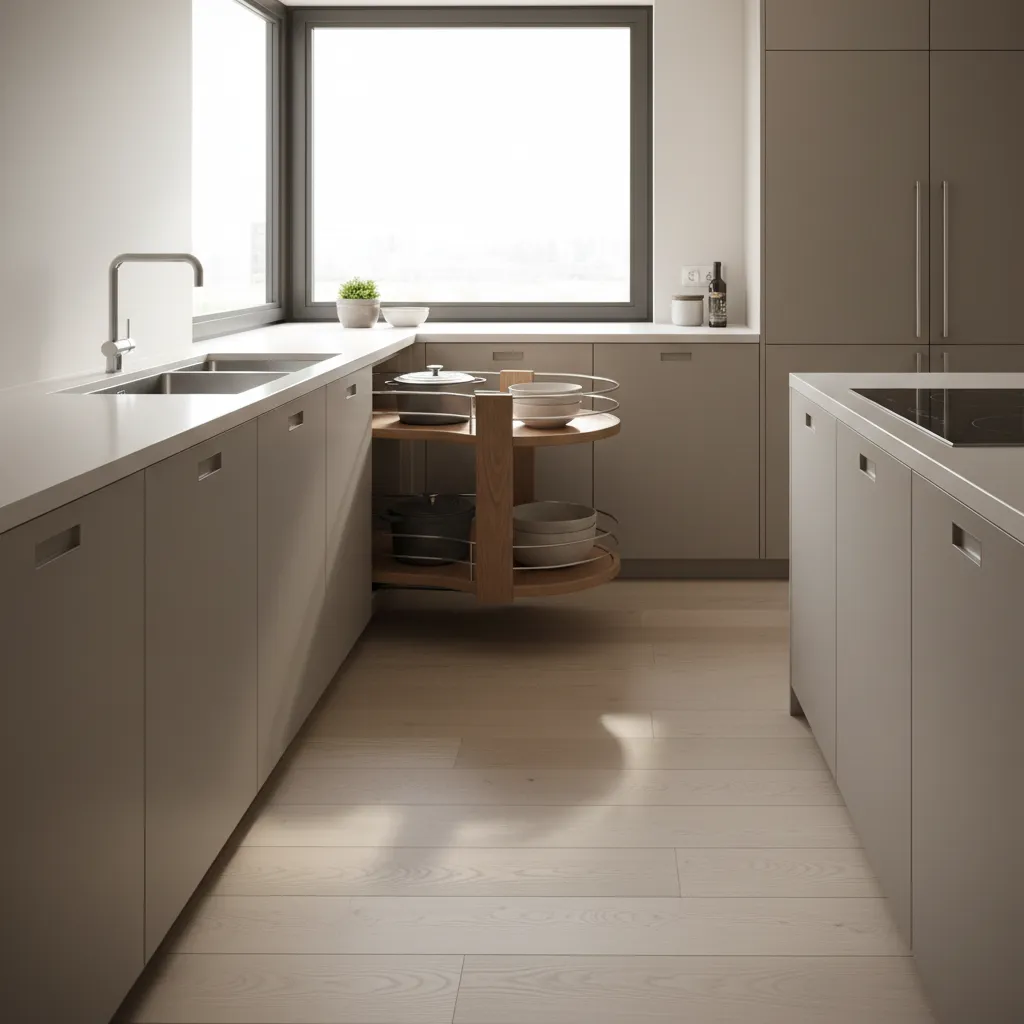 Modern kitchen corner with LeMans pull-out trays extended, illuminated by window light.