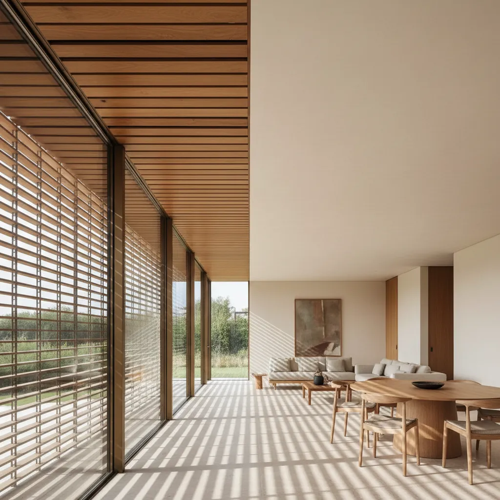 Spacious living area with wood dining set large windows wooden blinds and shadows on floor
