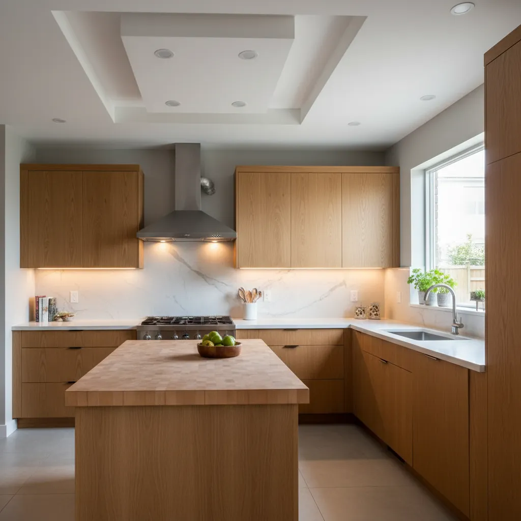 Layered-lit kitchen with under-cabinet task lights and a clean, efficient extractor setup