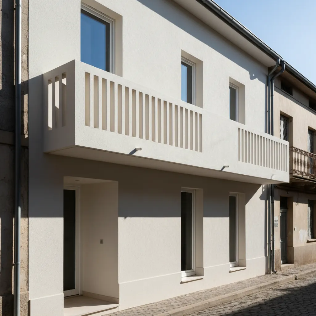 Two-story compact facade with deep overhangs and balcony casting layered shadows, slim vertical windows, and recessed entry