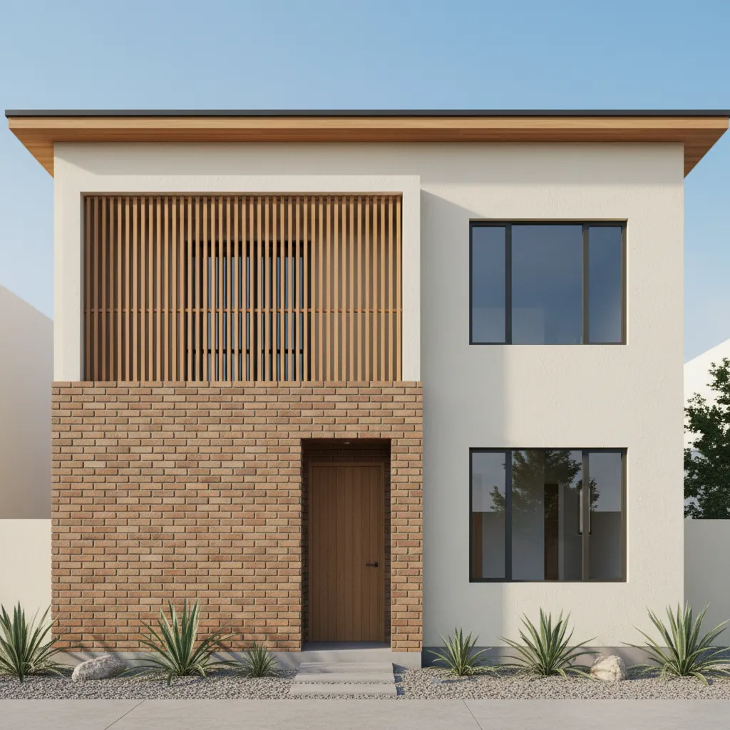 Two-story facade with light stucco, brick plinth and treated wood eave and screen, showing crisp material junctions under soft daylight