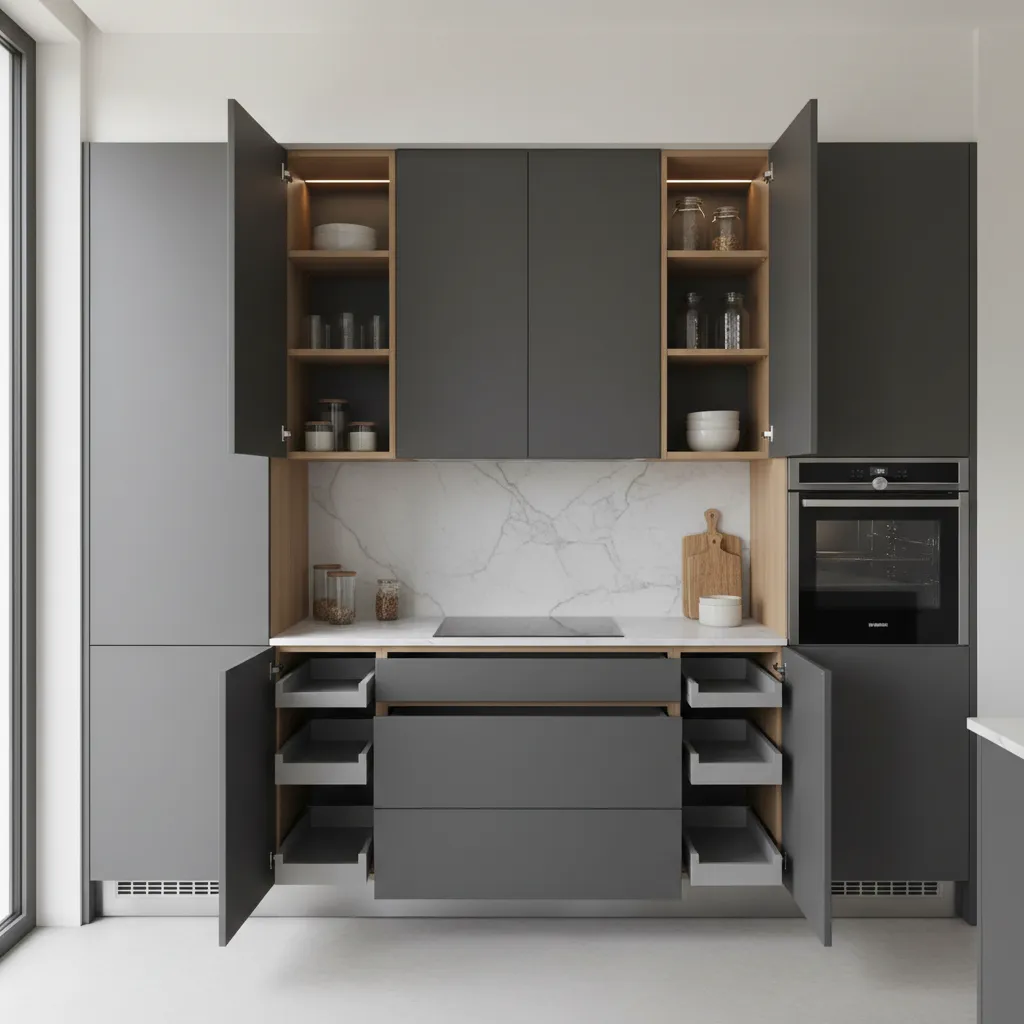 Kitchen scene focusing on durable materials and organized vertical storage with full-extension drawers.