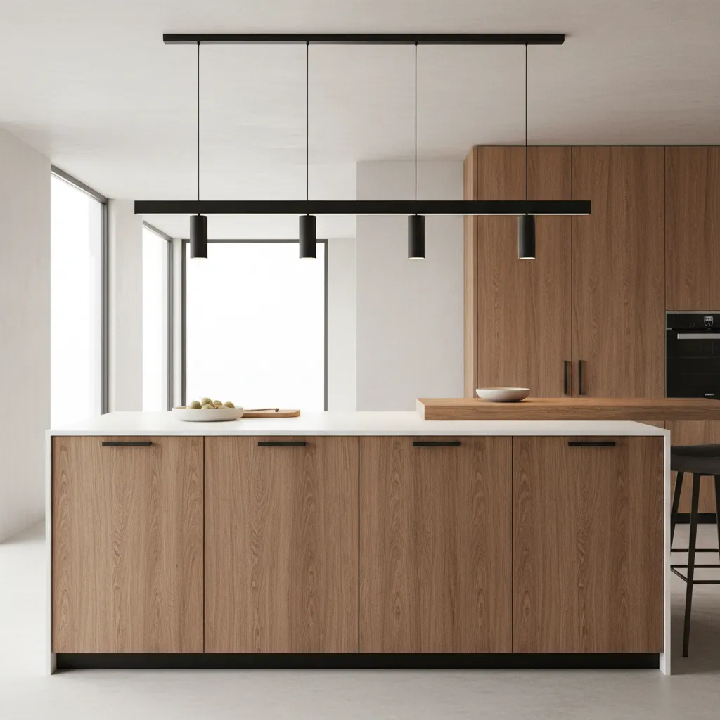 Kitchen island with durable porcelain countertop, technical wood fronts, and layered dimmable lighting