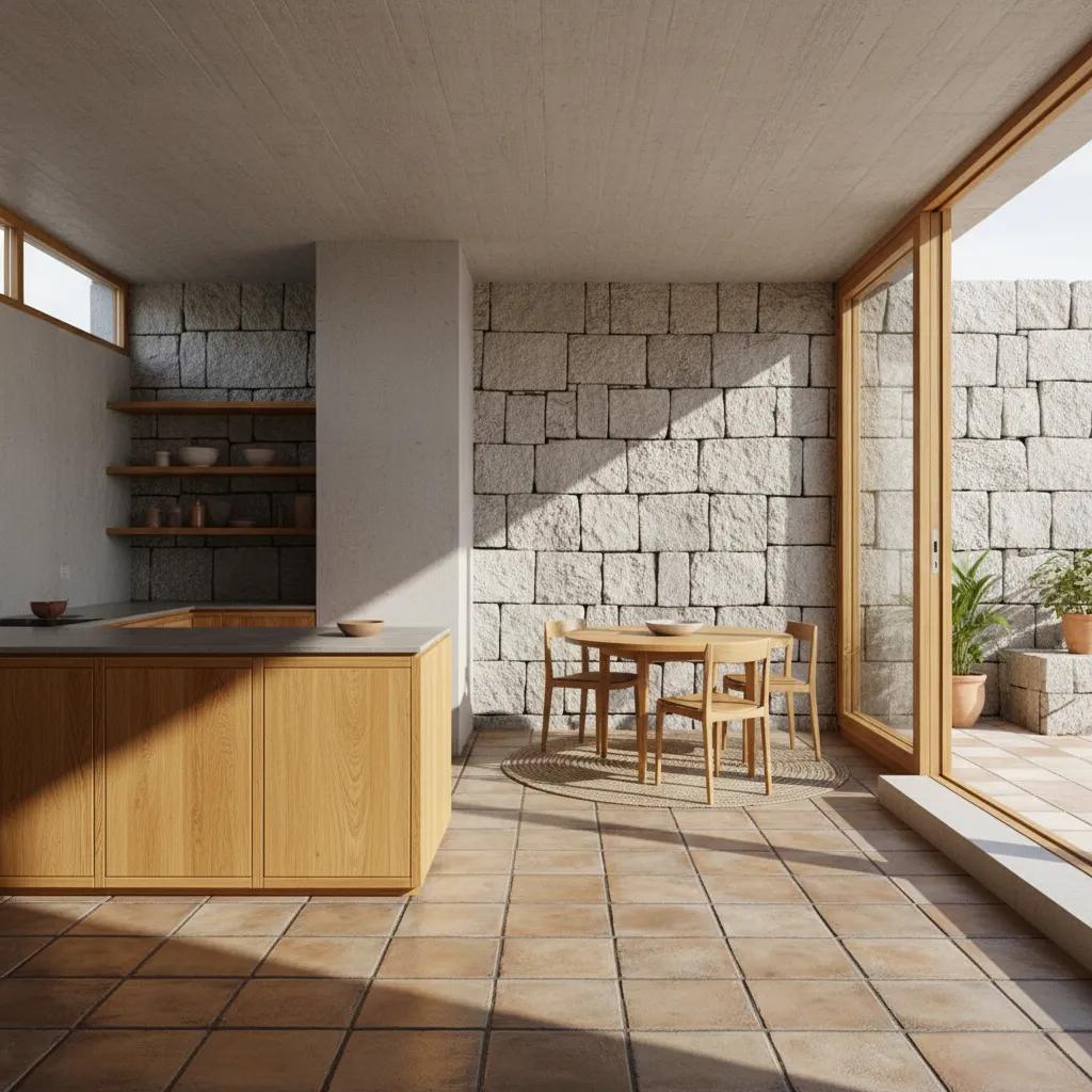 Kitchen and dining area featuring stone walls wooden cabinets round table floor tiles and sliding doors