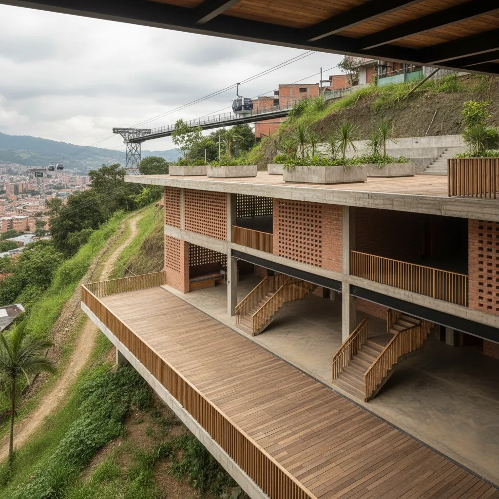 Community building on a hillside with a climatic lobby, permeable facades, terraced access, and a habitable roof linked to transit