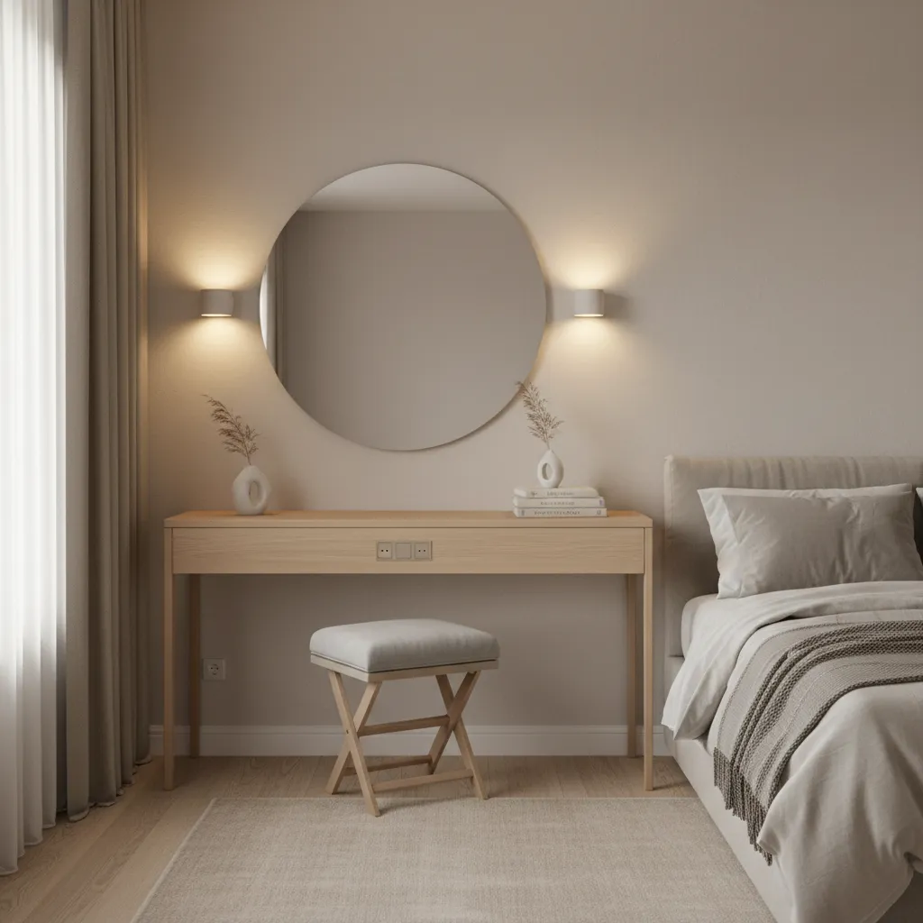 Long bedroom with a narrow console used as a flexible vanity, round leaning mirror, foldable stool, and tidy cable management