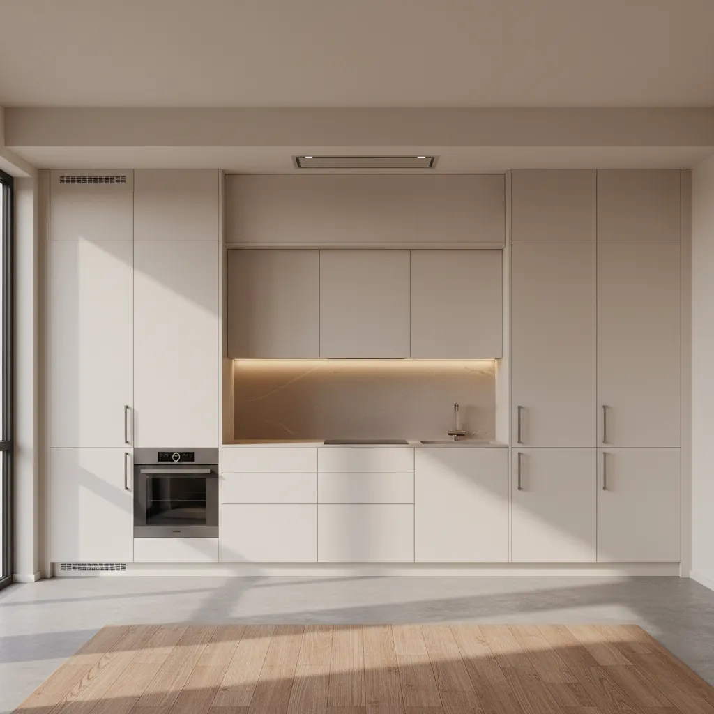 Linear studio kitchen with tall storage to the ceiling and a continuous quartz countertop