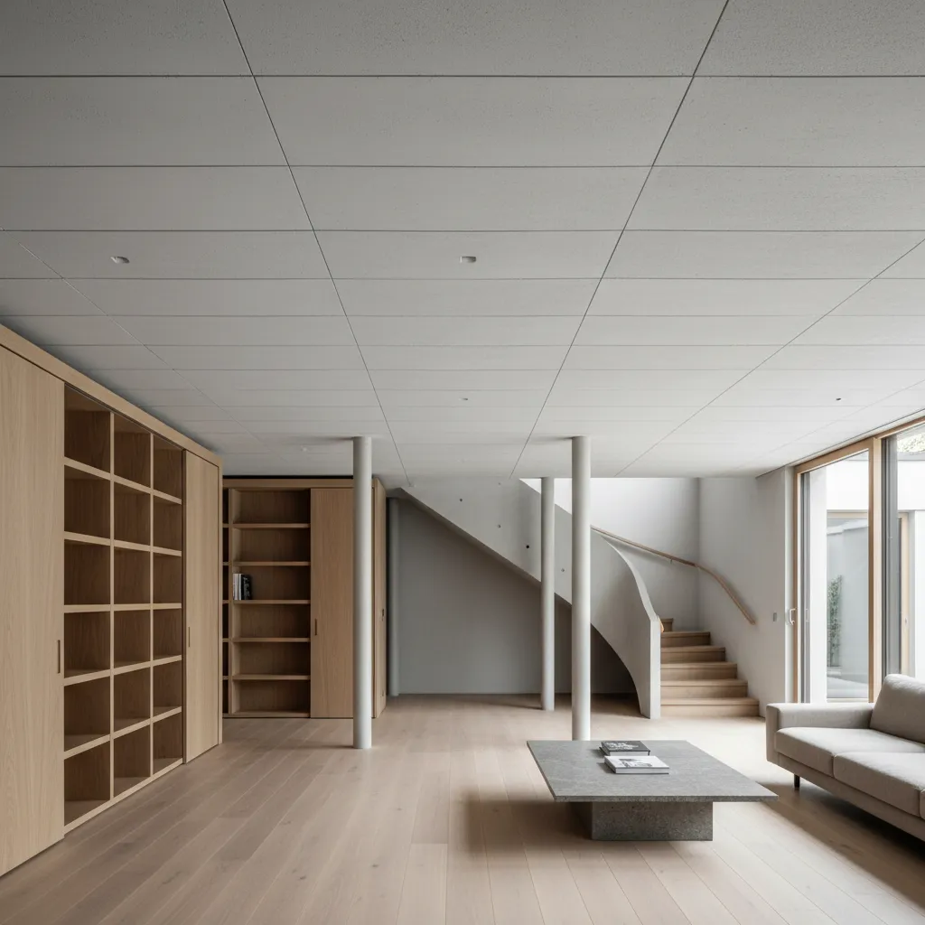 Minimalist living room with wooden cabinets light wood flooring stone coffee table grey sofa stairs