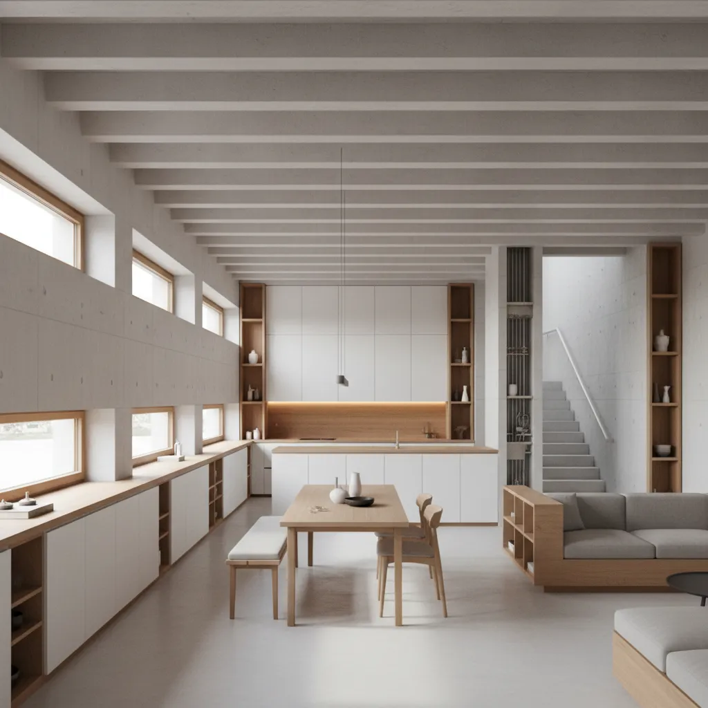 Interior with structural rhythm and aligned openings expressing modular design
