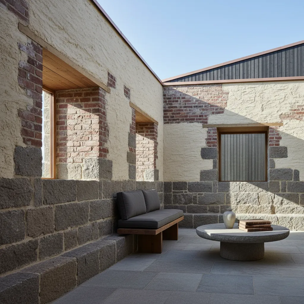 Indoor stone wall room featuring grey sofa bench round stone table and small brick frames