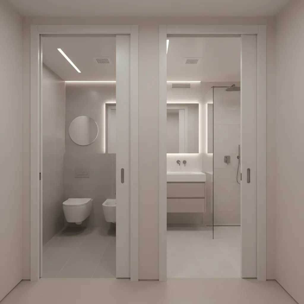 Compact wet core with a main shower bathroom and a powder room grouped around the installation shaft