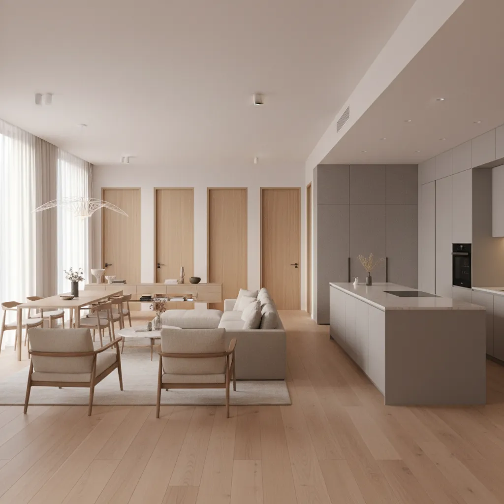 Spacious open plan living room with cream sofa wood doors kitchen island and large windows