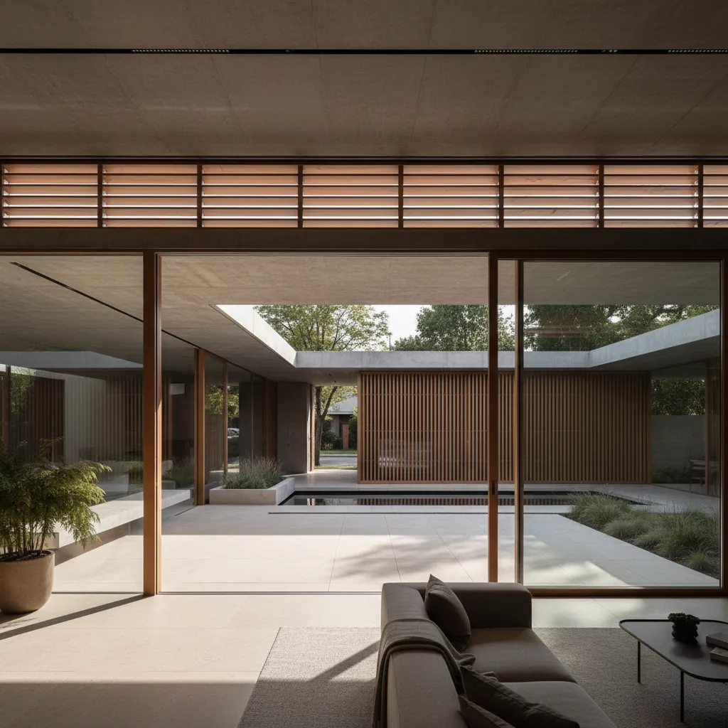 L-oriented house with private courtyard, brise-soleil, and deep overhangs optimizing daylight and privacy